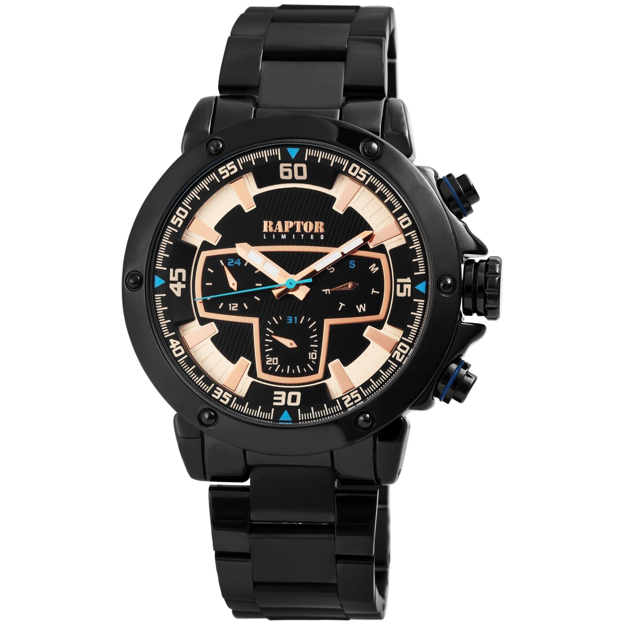 Ceas barbatesc, Raptor, carcasa si bratara neagra, cadran bicolor, data, zi, 24h, 47mm