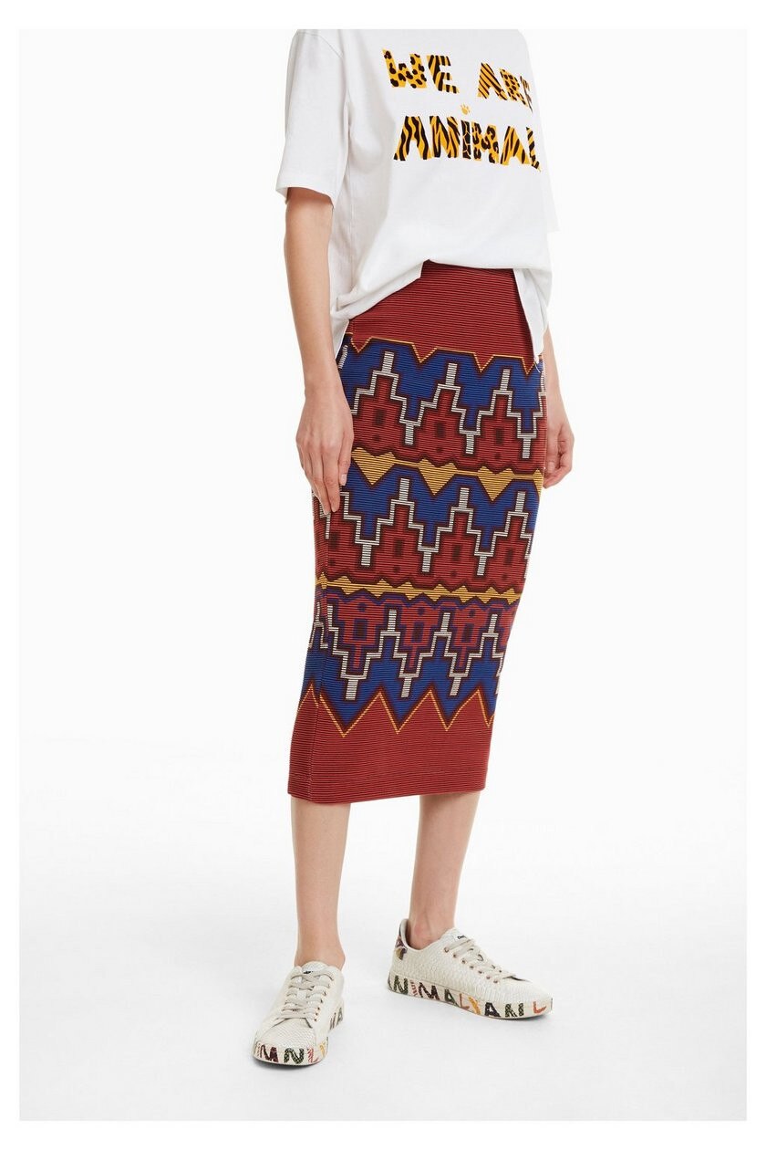 Fusta dama, Desigual, midi, cu imprimeu geometric, Tacna, Multicolora