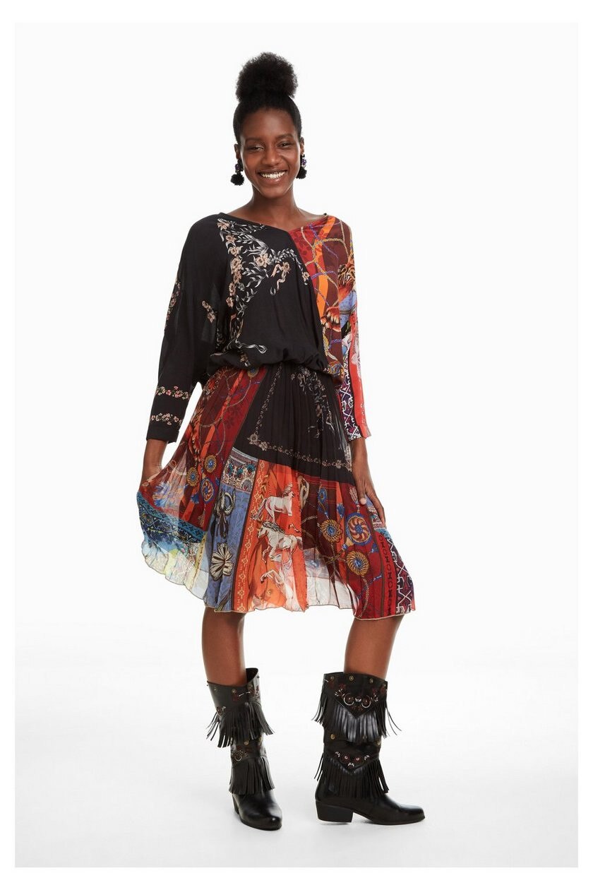 Fusta dama, Desigual, midi, cu imprimeu si pliuri, Valeria, Marimea 42