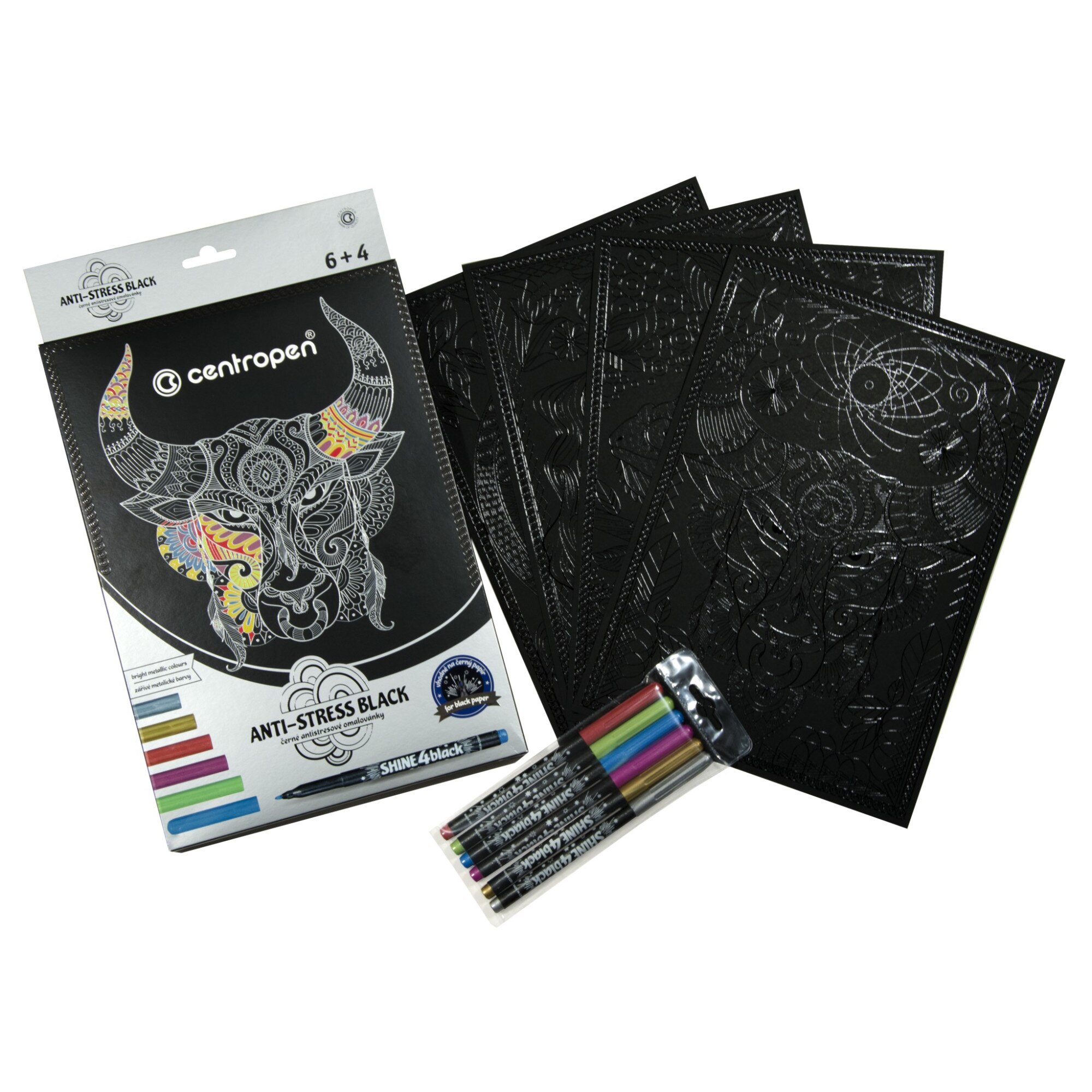 Set antistres Centropen 9390 - 4 coli negre + 6 markere metalice