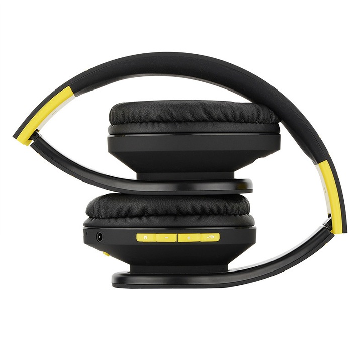 Casti Wireless Over-Ear PowerLocus P2, HD Stereo Pliabile, Bluetooth 5.3 cu optiune AUX, Micro SD / TF, FM Microfon Incorporat pentru iPhone, Android, Laptop, PC, Negru/Galben