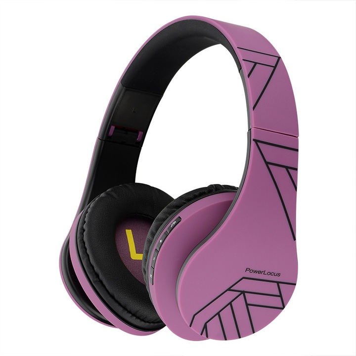 Casti Wireless Over-Ear PowerLocus P2, HD Stereo Pliabile, Bluetooth 5.3 cu optiune AUX, Micro SD / TF, FM Microfon Incorporat pentru iPhone, Android, Laptop, PC, Violet/Negru