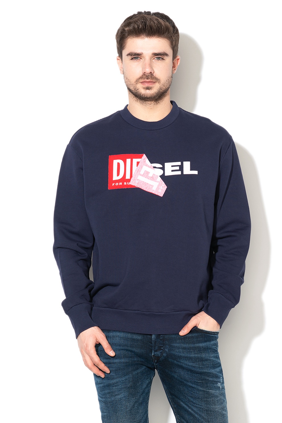 Diesel, Bluza sport cu imprimeu logo si decolteu la baza gatului Samy, Bleumarin/Rosu