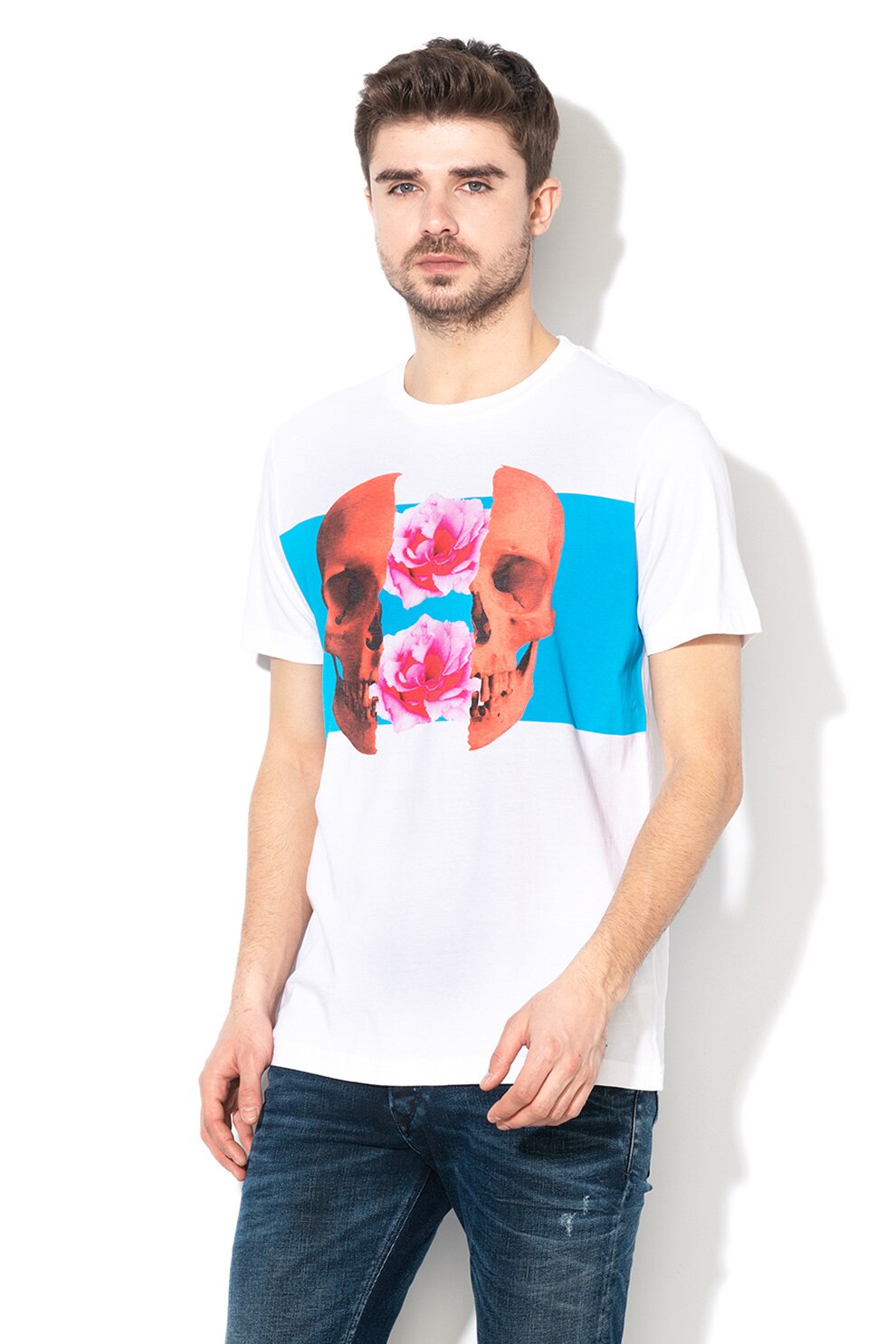 Diesel, Tricou cu imprimeu grafic Just 10, Alb/Albastru/Corai, M