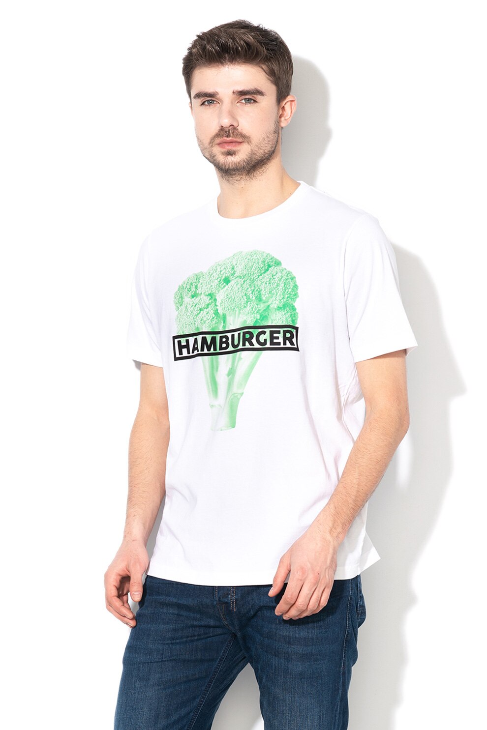 Diesel, Tricou cu imprimeu grafic si text Just b, Alb/verde