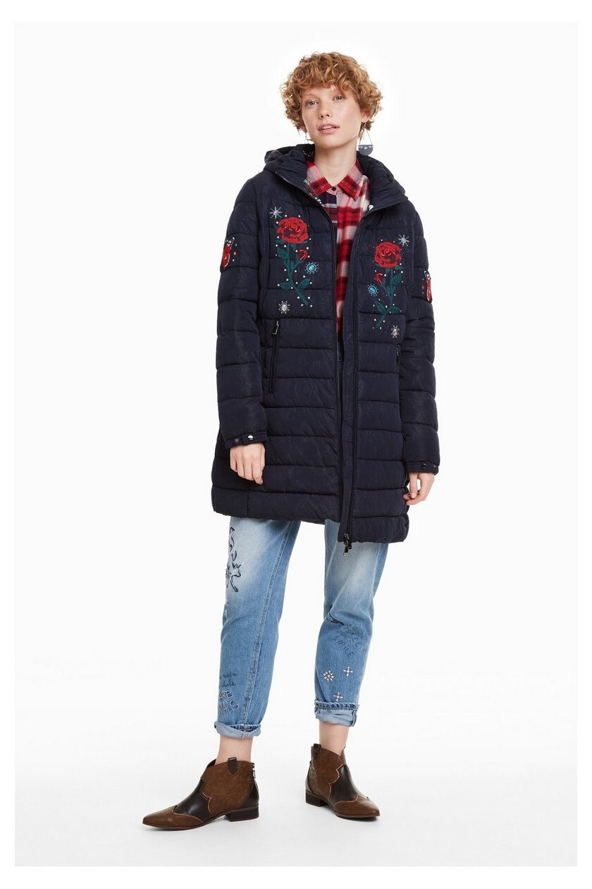 Geaca dama, Desigual, cu motiv floral, Flash, Albastru