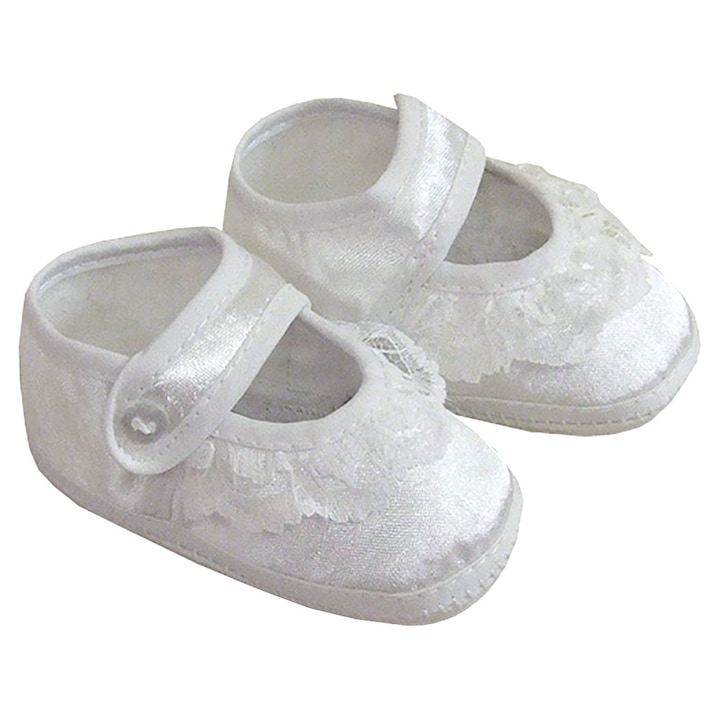 Alkalmi szatén újszülött mamusz, keresztelő cipő, kocsicipő, puhatalpú baba cipő - Csipkés (Fehér, 15)