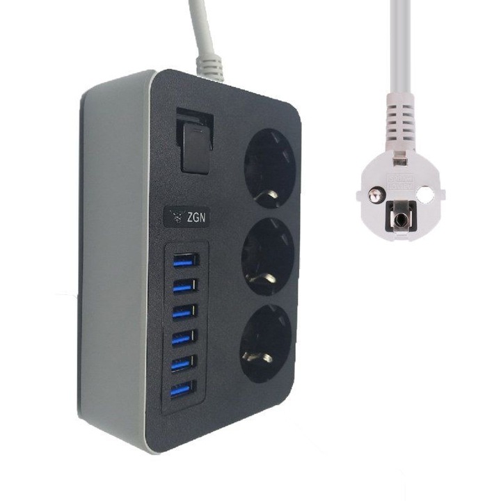 Удължител, 3 220V контакта, 6 USB 3.1A щекера