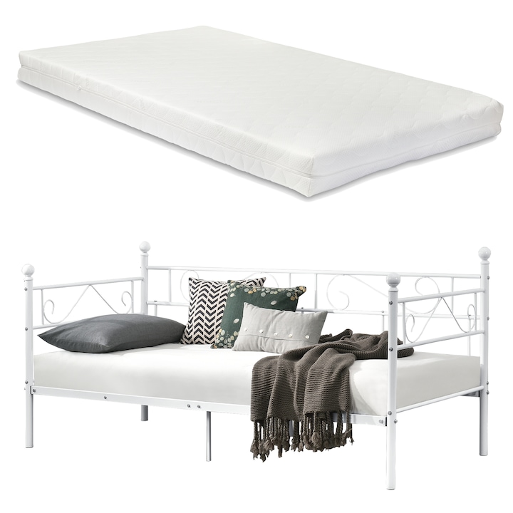 [en.casa]® Fémkeretes ágy matraccal - egyszemélyes dizájn ágykeret 200 x 100 cm ágyráccsal - heverő fehér színben
