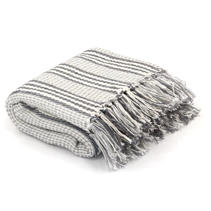 Декоративно одеяло vidaXL, памук, ивици, 220х250 см, сиво и бяло