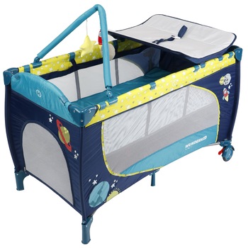 Patut pliant Wunderkid Space, 2 nivele, cu masa de infasat si arcada cu jucarii, Bleumarin/Verde Patut pliant Wunderkid Space, 2 nivele, cu masa de infasat si arcada cu jucarii, Bleumarin/Verde