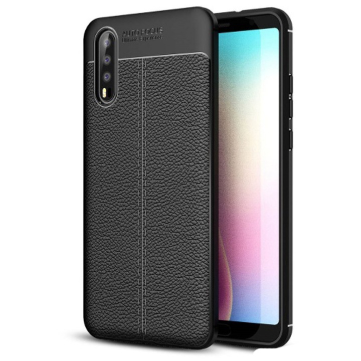 Huawei P20 telefontok gumi / szilikon (bőrhatás, varrás minta) Fekete