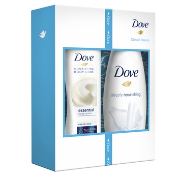 Set Dove Nourishing: Gel de dus Dove Deeply Nourishing, 250 ml + Lapte de corp Dove Essential Nourishment, 250 ml Set Dove Nourishing: Gel de dus Dove Deeply Nourishing, 250 ml + Lapte de corp Dove Essential Nourishment, 250 ml