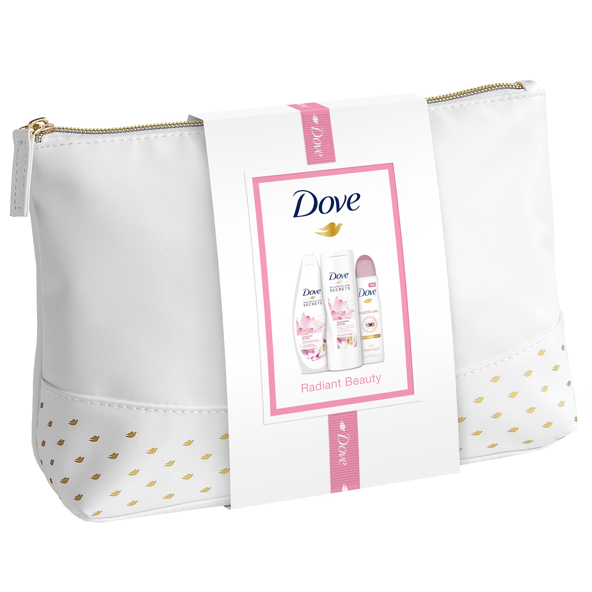 Set Dove Glowing Ritual: Gel de dus Dove Glowing Ritual 250 ml + lapte de corp Dove Glowing Ritual 250 ml + antiperspirant spray Dove Invisible Care 150 ml