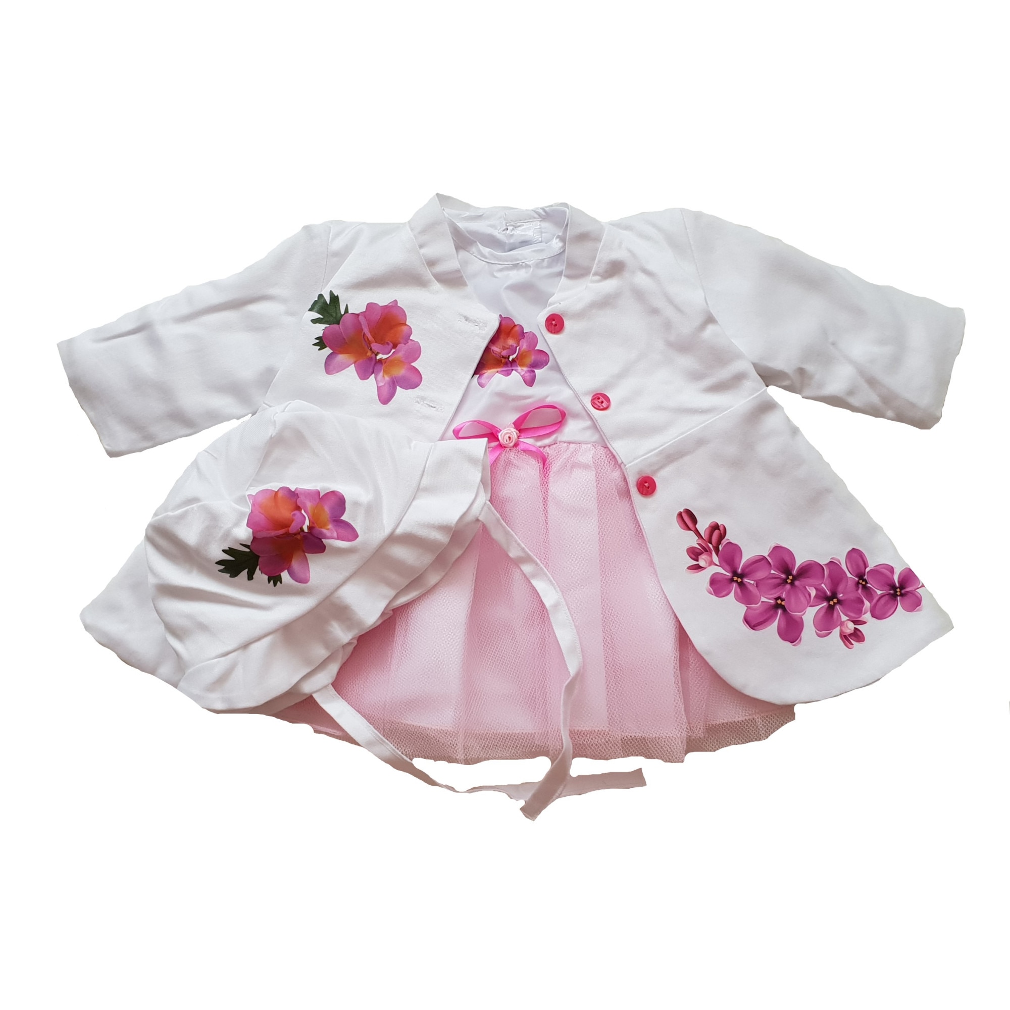 Rochie de botez Handmade Minis Boutique, cu palton si palarie, ivoire cu roz, 3-6 luni