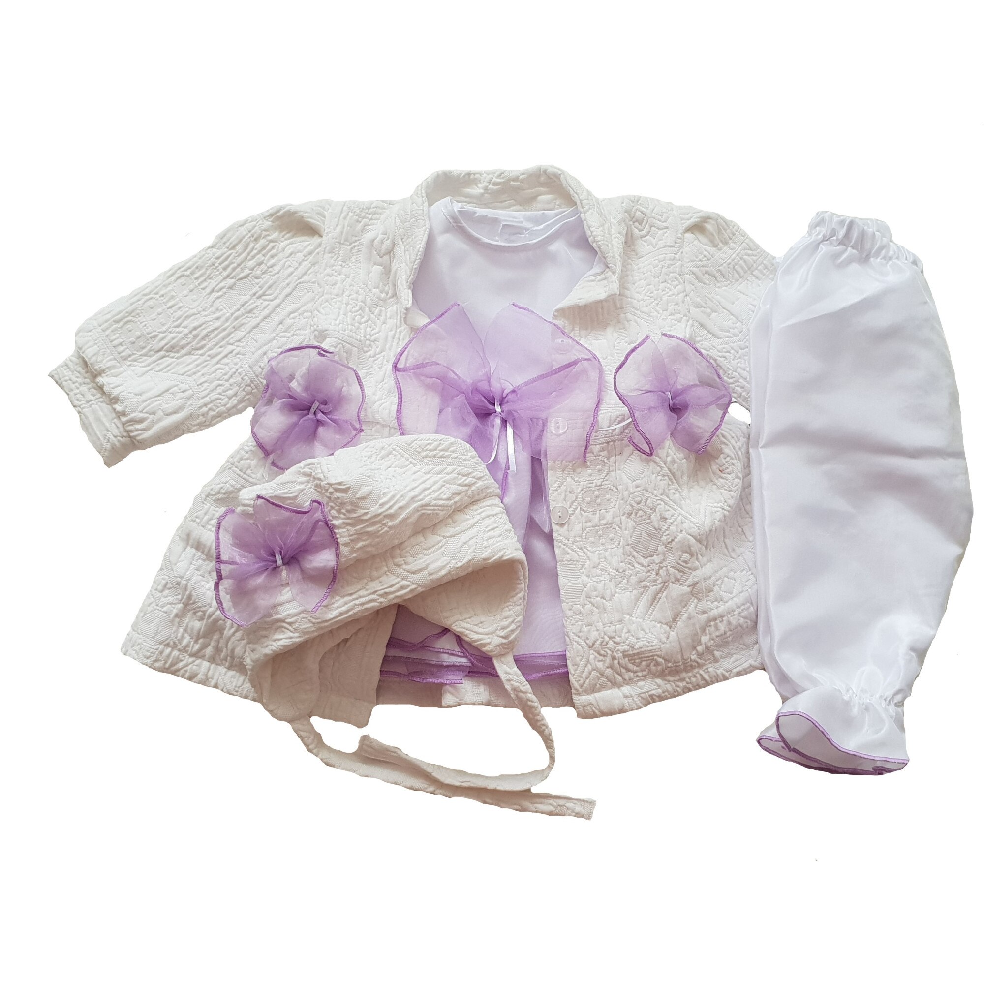 Rochie de botez Handmade Minis Boutique, cu palton, pantaloni si palarie, alb cu lila, 3-6 luni