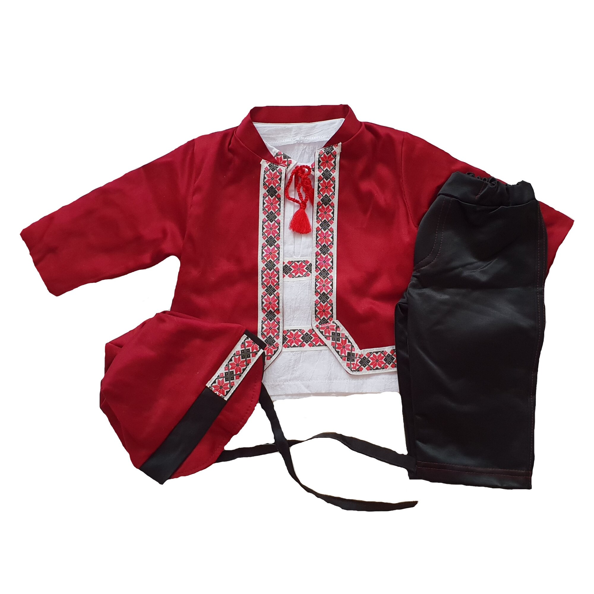 Costum de botez cu motive traditionale baietel Handmade MInis Boutique, 6-9 luni, model 1