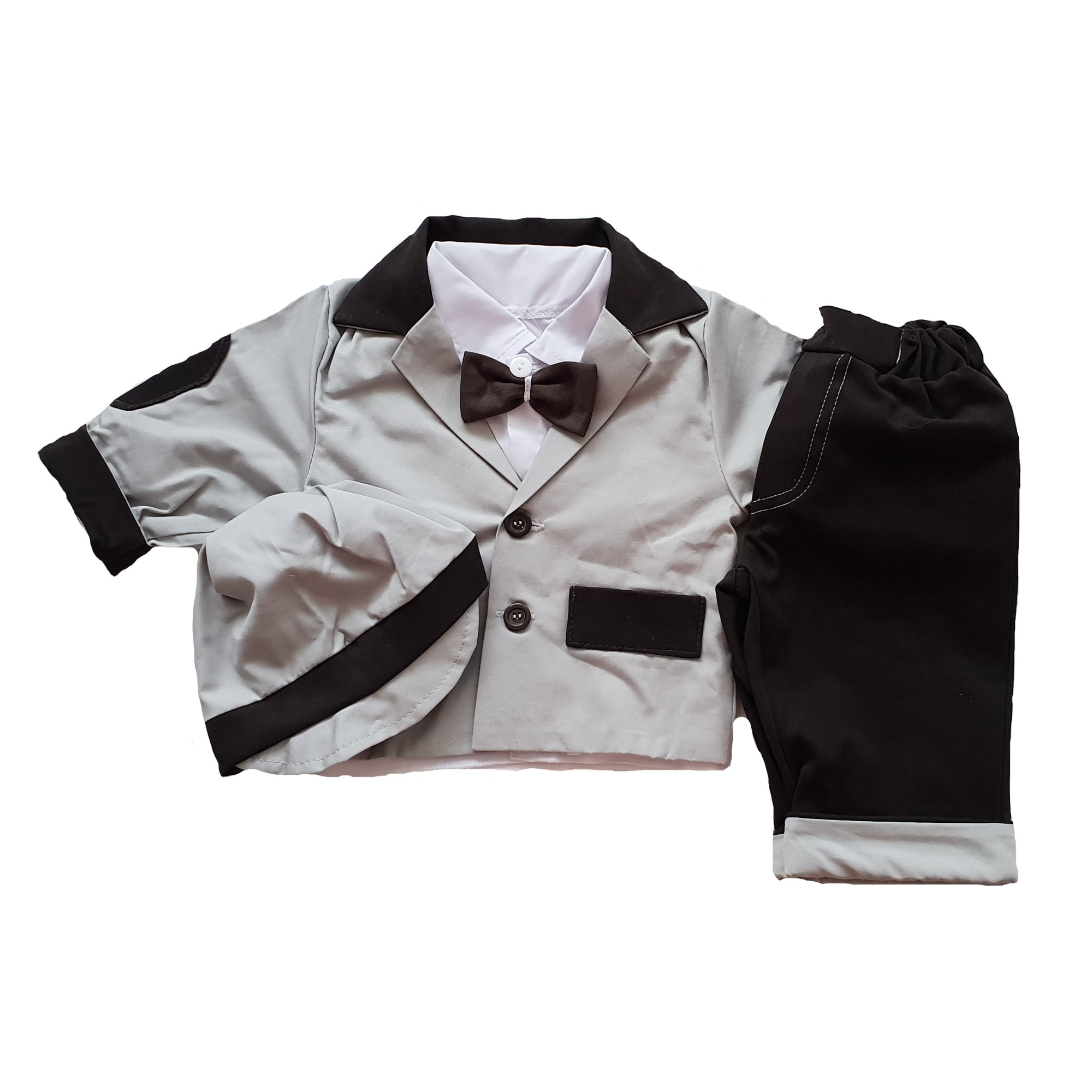 Costum de botez Handmade Minis Boutique, gri cu negru, 0-3 luni