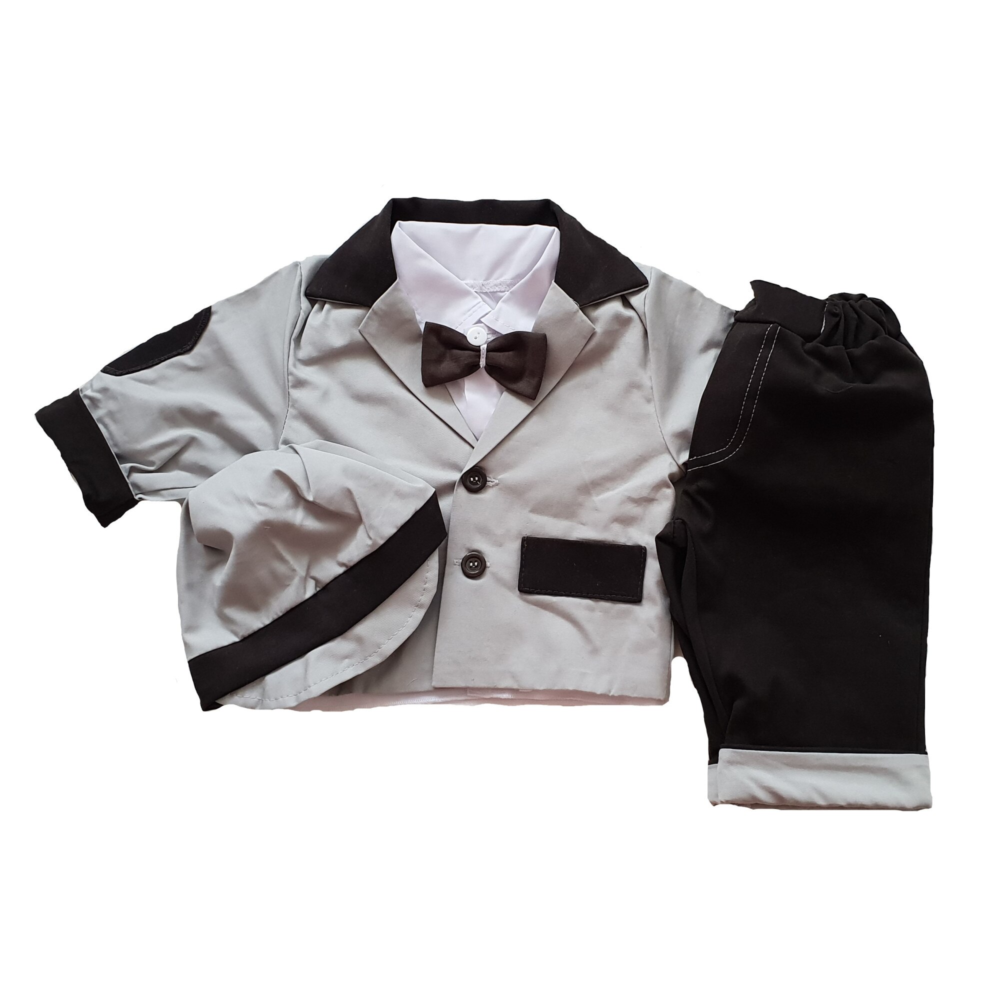 Costum de botez Handmade Minis Boutique, gri cu negru, 3-6 luni