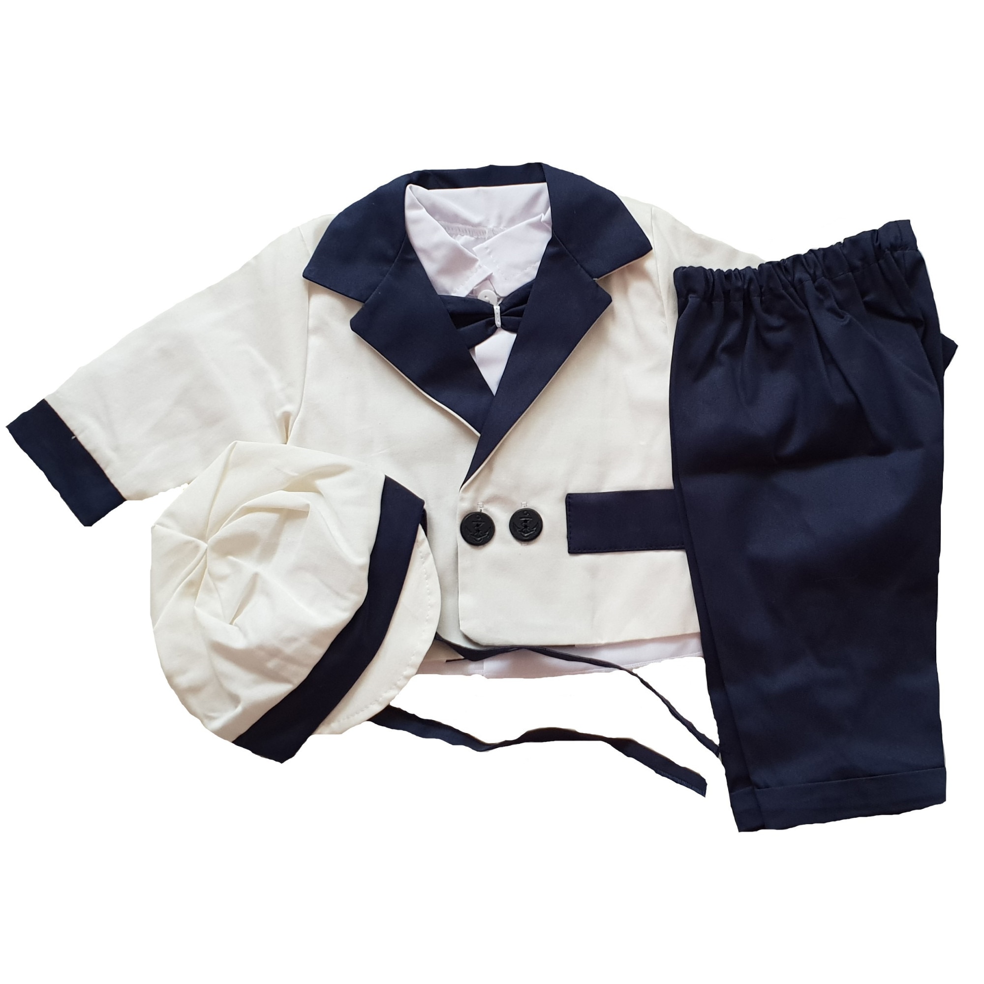 Costum de botez Handmade Minis Boutique, alb cu bleumarin, 6-9 luni