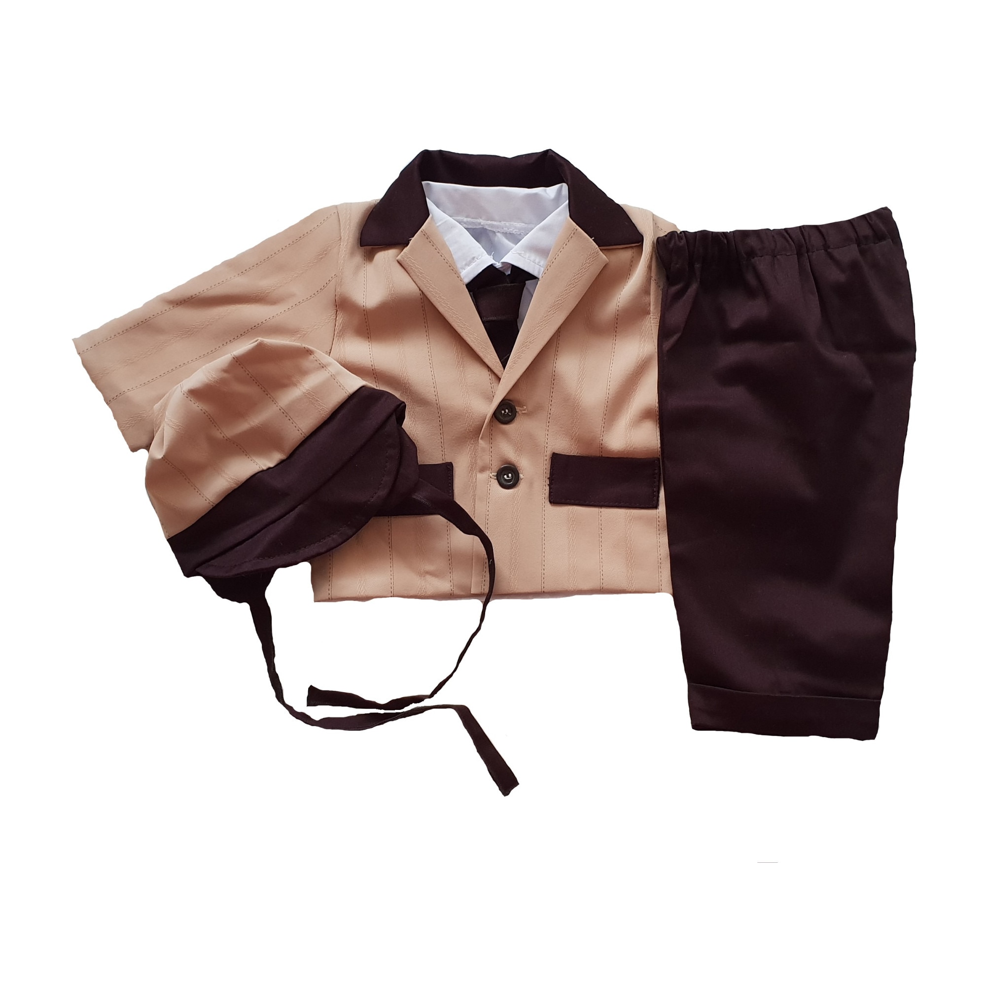 Costum de botez Handmade Minis Boutique, bej cu maro, 6-9 luni