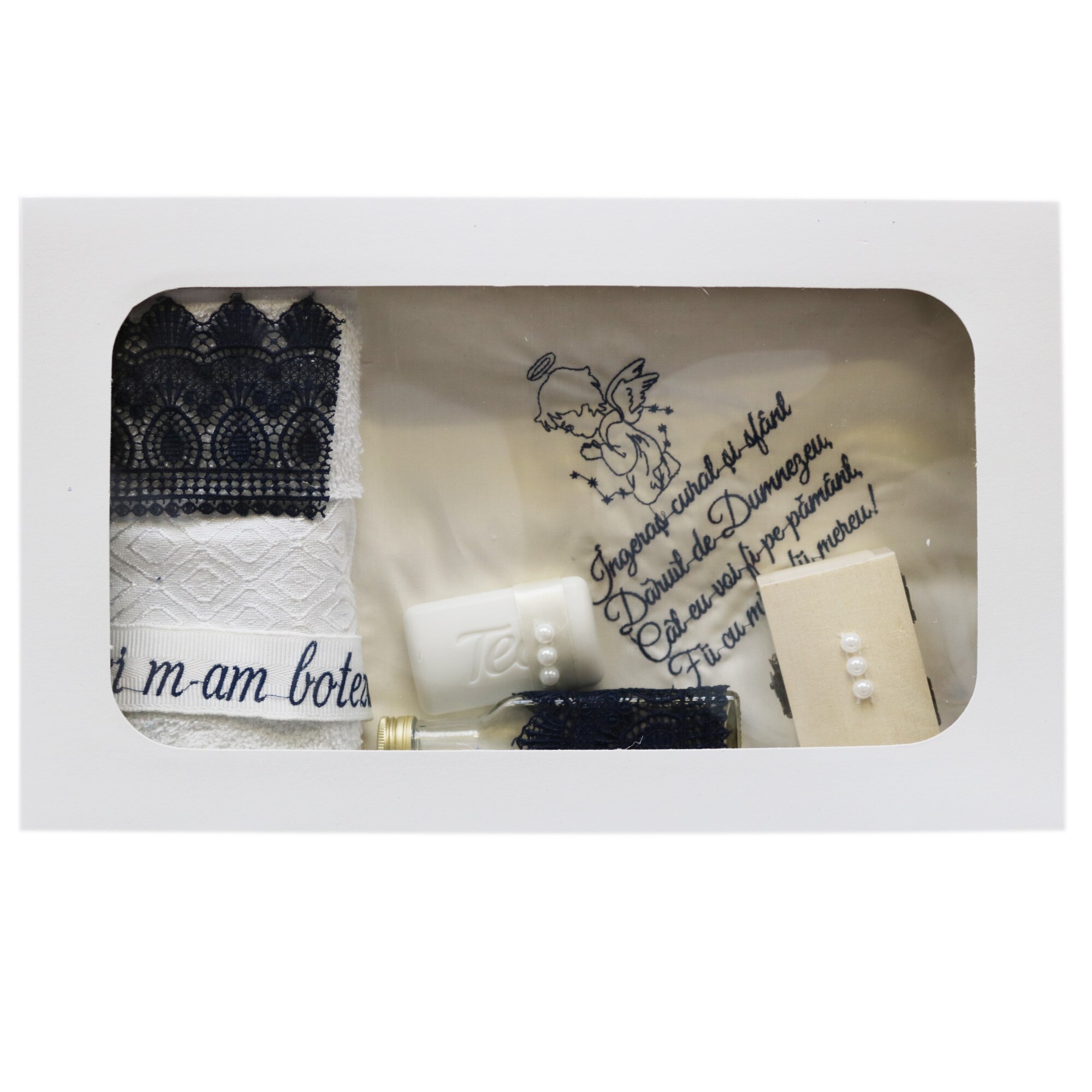 Trusou pentru botez 7 piese, alb-bleumarin, dae2170