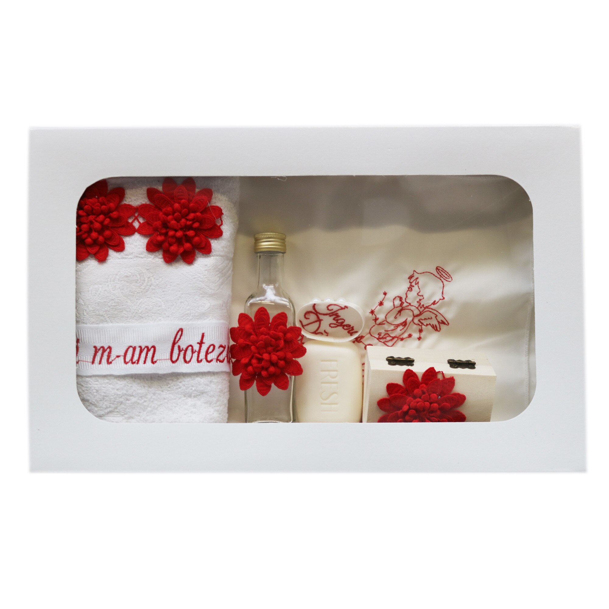 Trusou pentru botez 7 piese, alb-rosu, dae2178