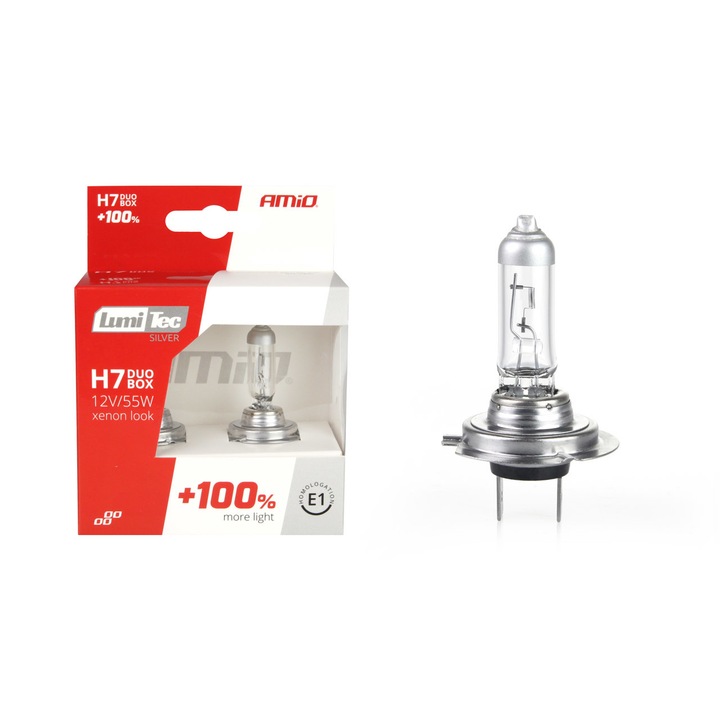 Комплект 2 броя халогенни крушки за фар Amio, H7, 12V, 55W, LumiTec SILVER, +100%, DUO BOX, ASAMI
