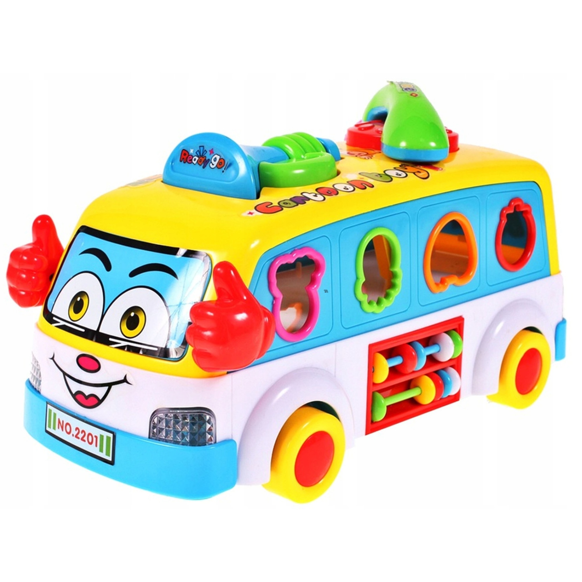 Jucarie interactiva IDL Junior Party Bus, Varietate de sunete si lumini, Diverse accesorii elementare care ajuta la dezvoltarea coordonarii mana-ochi si atrag atentia prin varietatea de culori si forme, Functionalitate pe baterii