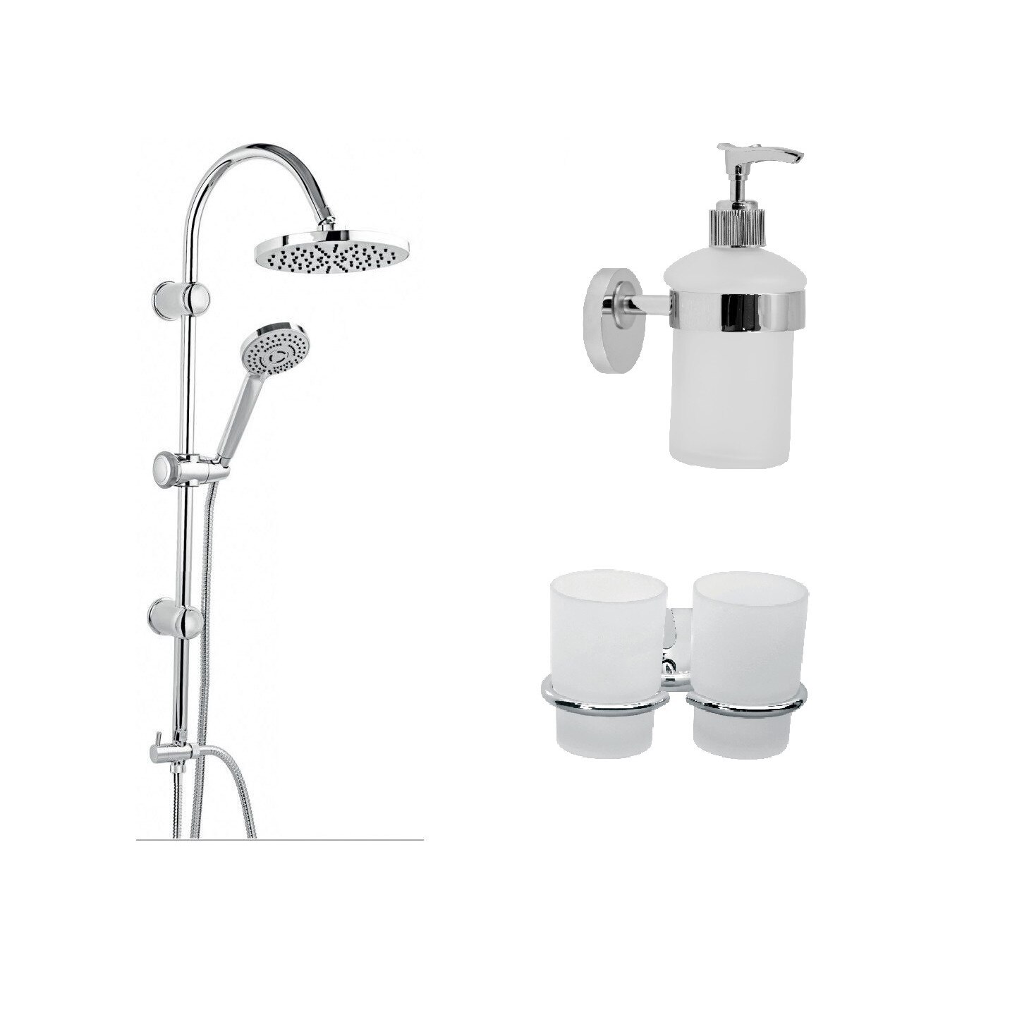 Set coloana dus fixa si mobila FERRO, Suport pahar dublu, Dispenser sapun lichid, Satin/ Cromat