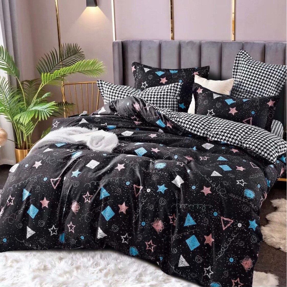 Lenjerie de pat cu doua fete pentru 2 persoane din bumbac 4 piese, albastru Katia208