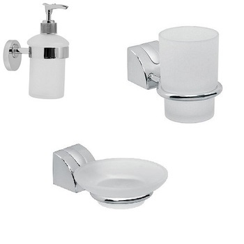 Set 3 accesorii baie, Dozator sapun, Portpahar, Portsapun, Satinat/ Cromat Set 3 accesorii baie, Dozator sapun, Portpahar, Portsapun, Satinat/ Cromat