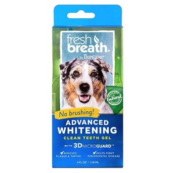 Gel dentar pentru caini Tropiclean Fresh Breath, fara periaj, cu efect de albire, 118ml Gel dentar pentru caini Tropiclean Fresh Breath, fara periaj, cu efect de albire, 118ml