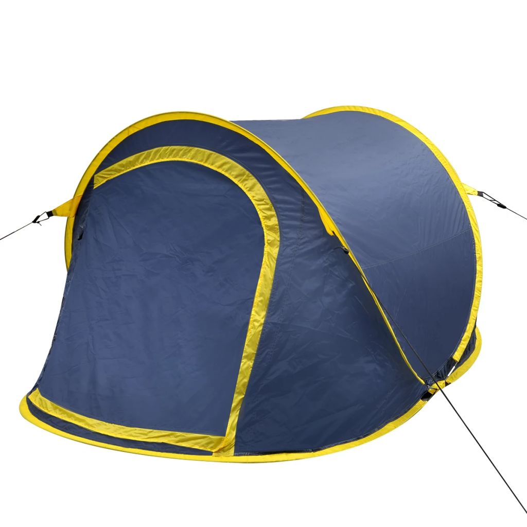 Cort camping tip pop-up pentru 2 persoane, vidaXL, Poliester si fibra de sticla, 215 x 125 x 90 cm, Albastru/Galben