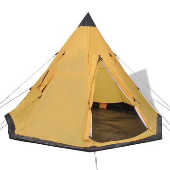 Cort camping 4 persoane, vidaXL, Textil si fier, 365 x 365 x 250 cm, Galben Cort camping 4 persoane, vidaXL, Textil si fier, 365 x 365 x 250 cm, Galben