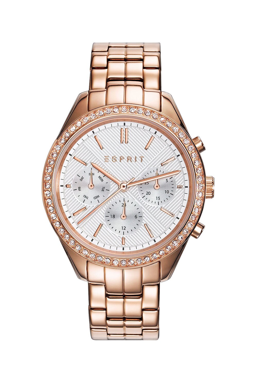 Esprit, Ceas cu functii multiple, bratara metalica si cristale zirconia, Auriu rose