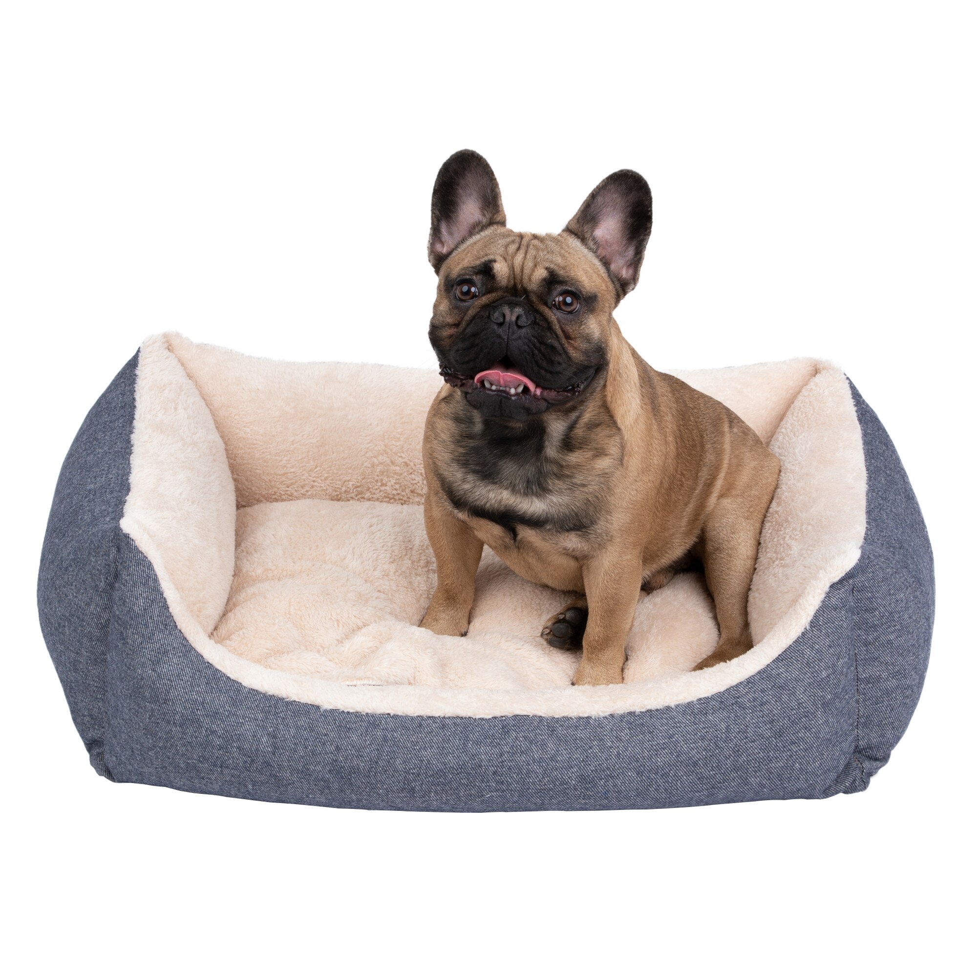 Pat pentru caini si pisici, cu husa detasabila, Buhuhoo, crem cu albastru, 70 x 55 cm