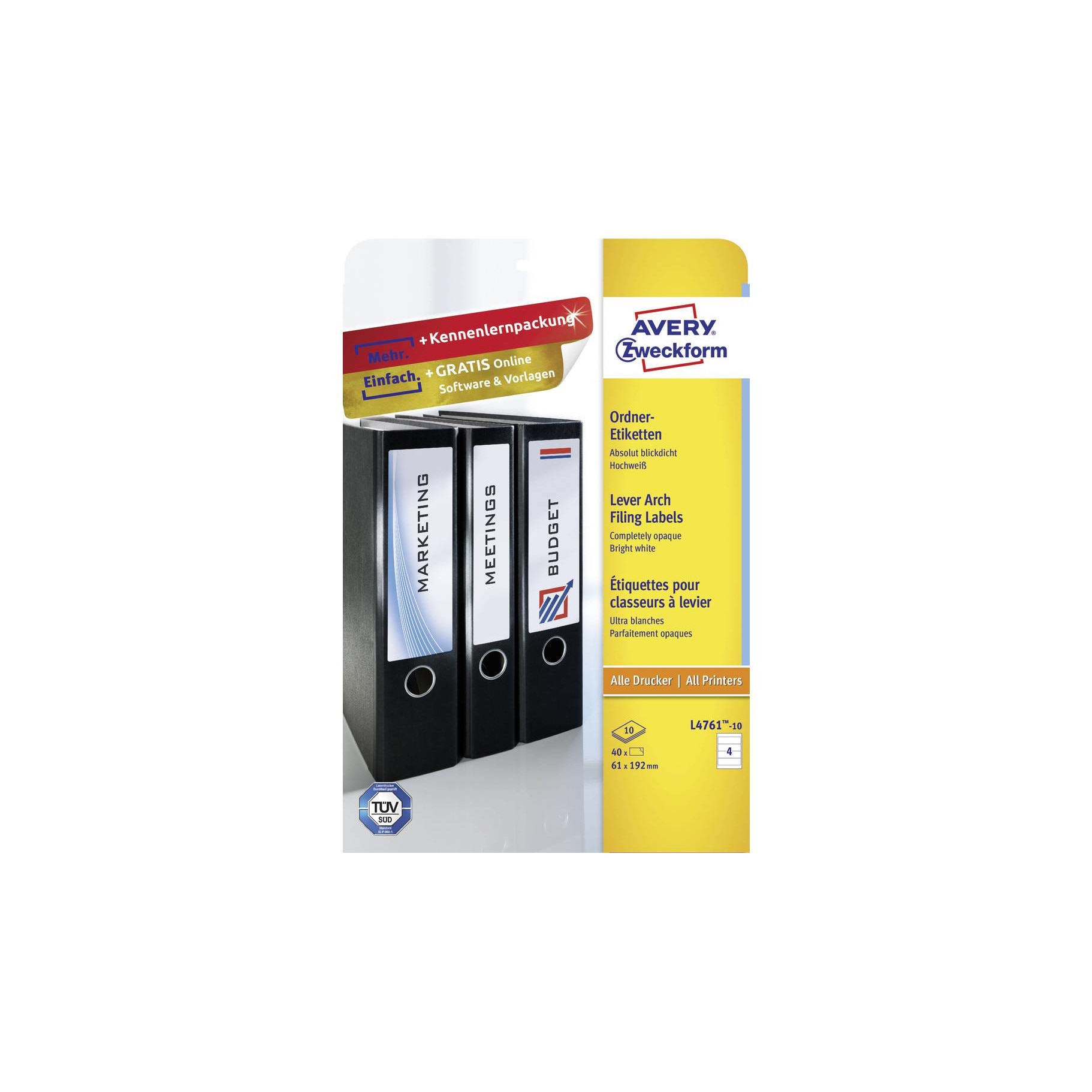 Etichete Avery Zweckform L4761-25, pentru biblioraft 4/A4, 61 x 192 mm, 25 coli/top