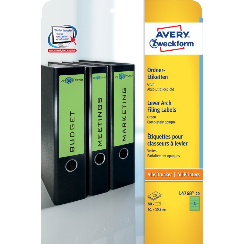 Etichete Avery Zweckform L4768-20, pentru biblioraft 4/A4, 61 x 192 mm, 20 coli/top