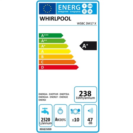 Masina de spalat vase semi-incorporabila Whirlpool WSBC3M17X, 10 seturi, 6 programe, Clasa F, 6th Sense, 45 cm