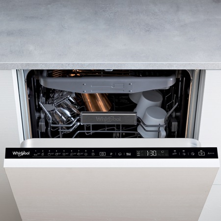 Masina de spalat vase incorporabila Whirlpool WSIP4O33PFE, 10 seturi, 9 programe, 6th Sense, Power Clean, Clasa A+++, 45 cm
