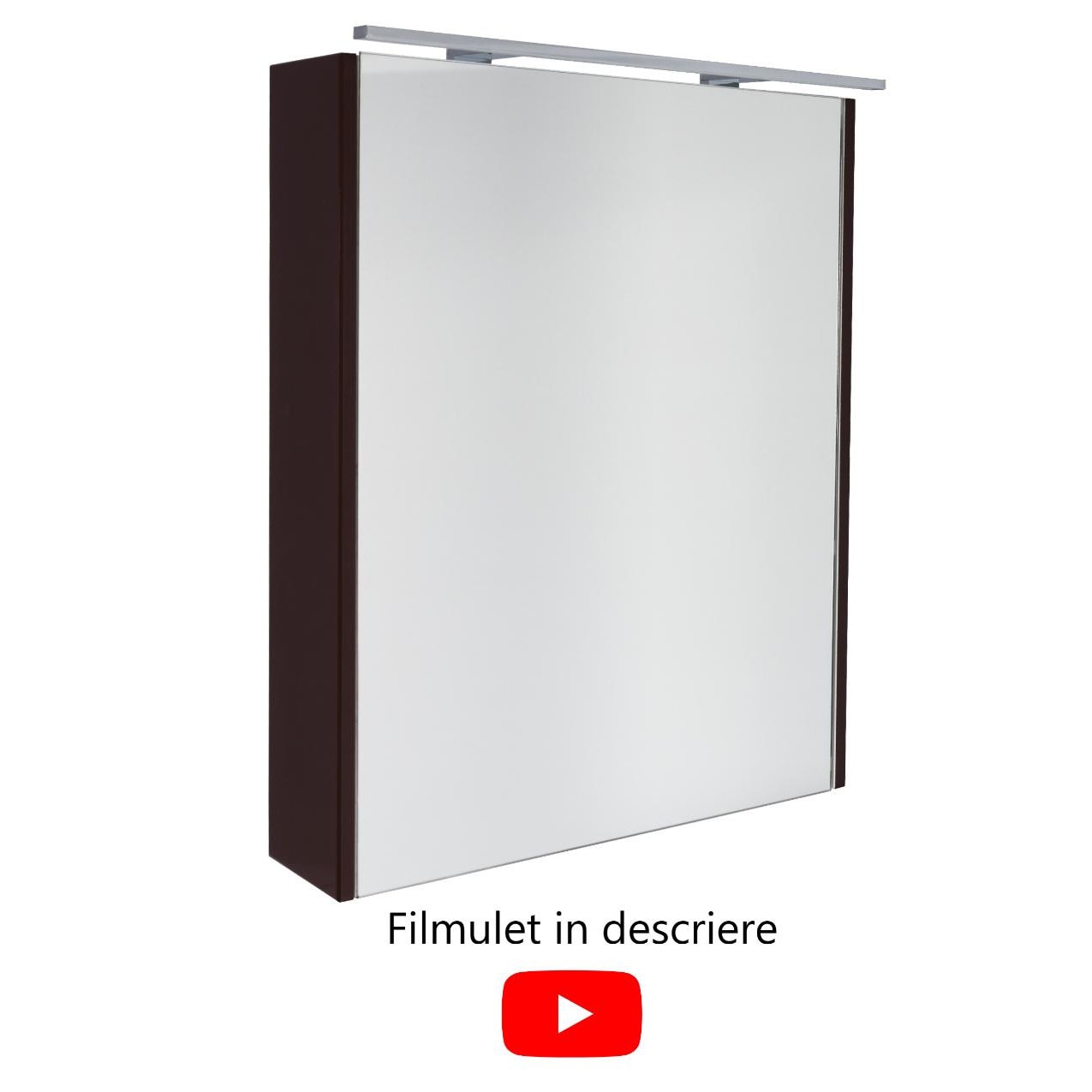 Oglinda baie Mdf vopsit lucios maro lucios, 60 cm cu dulap compartimentat cu 3 rafturi+ lampa cu leduri 60 cm