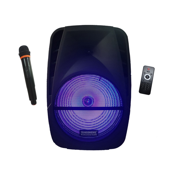 Bőrönd típusú aktív állomás hangszóró, hangszóró átmérője 15 hüvelyk, vezeték nélküli mikrofon, távirányító, Bluetooth, USB Stick olvasó, MicroSD kártya, FM rádió
