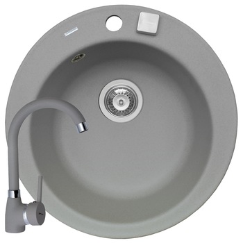 Pachet chiuveta granit + Baterie bucatarie Pyramis Bello Round, 1 cuva, 490mm, adancime 170mm, montare pe blat, Gri Pachet chiuveta granit + Baterie bucatarie Pyramis Bello Round, 1 cuva, 490mm, adancime 170mm, montare pe blat, Gri