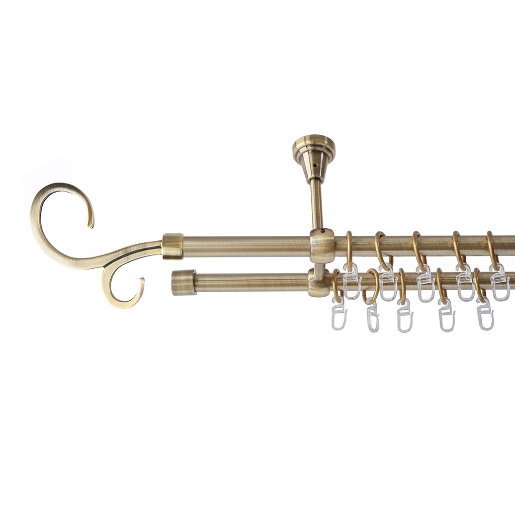 Galerie metalica 240 cm pentru perdele cu prindere in tavan, dubla, model Crenguta, grosime 16 mm, auriu antic, KIT COMPLET