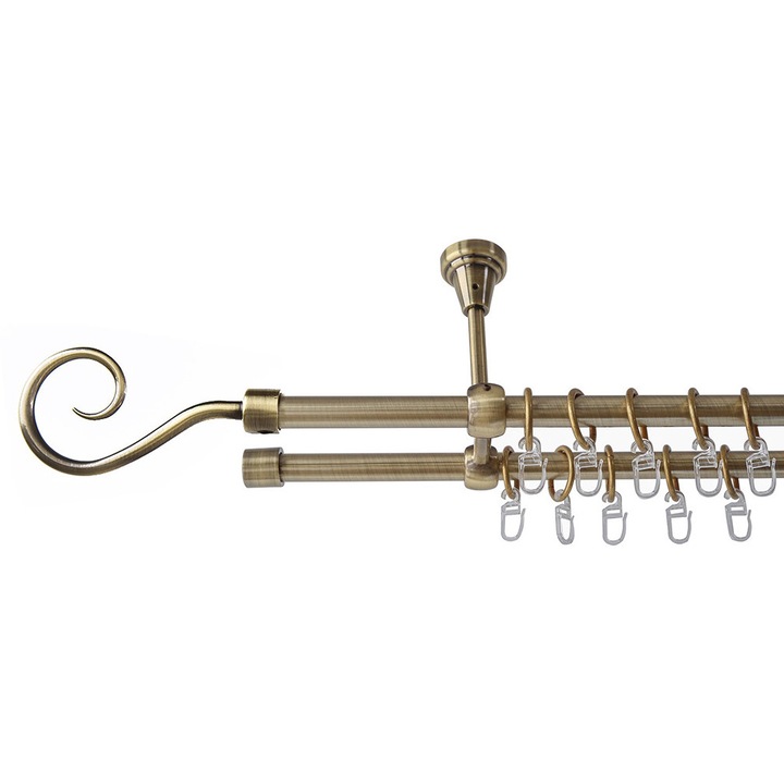 Galerie metalica 300 cm pentru perdele cu prindere in tavan, dubla, model Carlig, grosime 16 mm, auriu antic, KIT COMPLET