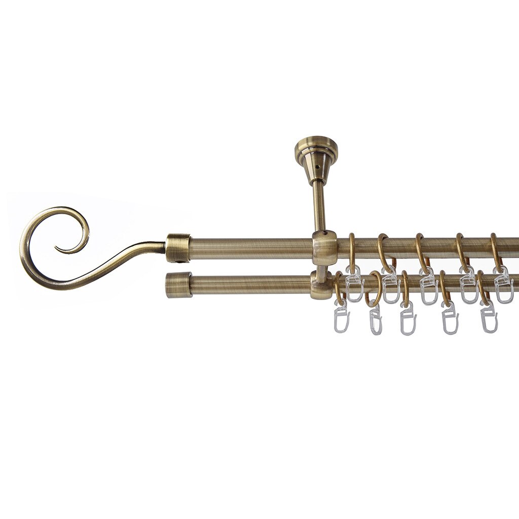 Galerie metalica 200 cm pentru perdele cu prindere in tavan, dubla, model Carlig, grosime 16 mm, auriu antic, KIT COMPLET