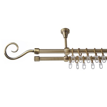 Galerie metalica 160 cm pentru perdele cu prindere in tavan, dubla, model Carlig, grosime 16 mm, auriu antic, KIT COMPLET Galerie metalica 160 cm pentru perdele cu prindere in tavan, dubla, model Carlig, grosime 16 mm, auriu antic, KIT COMPLET