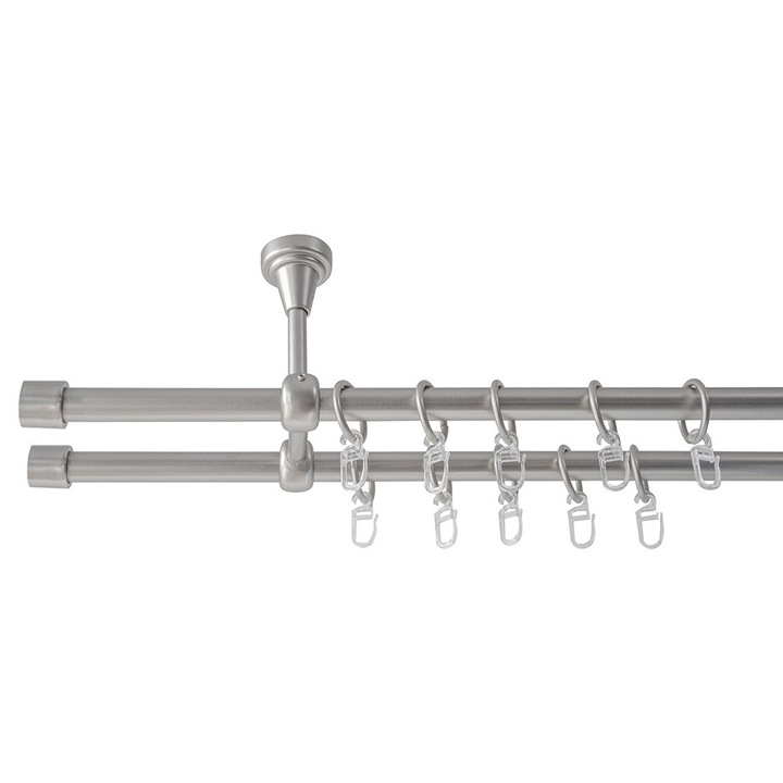 Galerie metalica 240 cm pentru perdele cu prindere in tavan, dubla, model Dop, grosime 19 mm, inox, KIT COMPLET