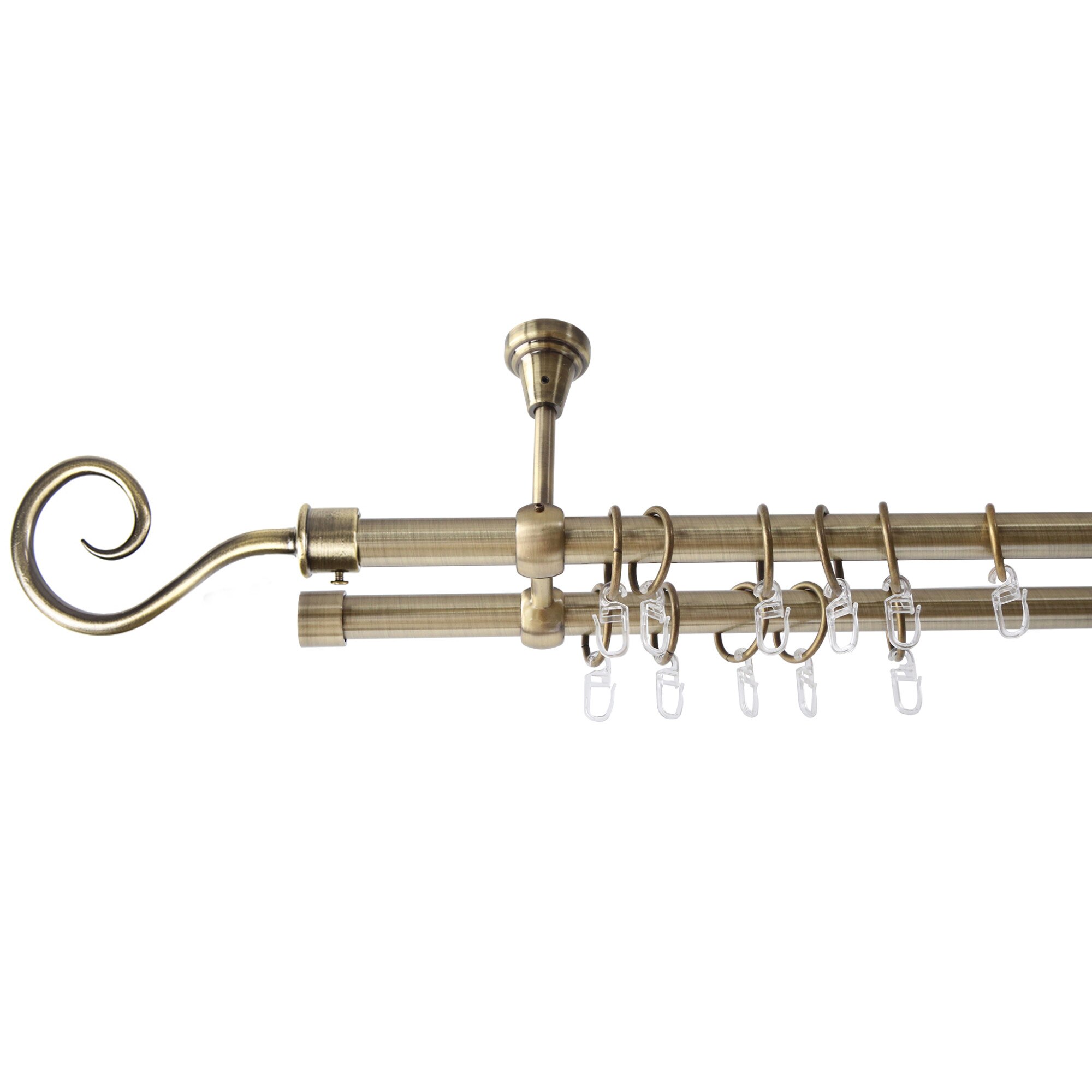 Galerie metalica 200 cm pentru perdele cu prindere in tavan, dubla, model Carlig, grosime 19 mm, auriu antic, KIT COMPLET